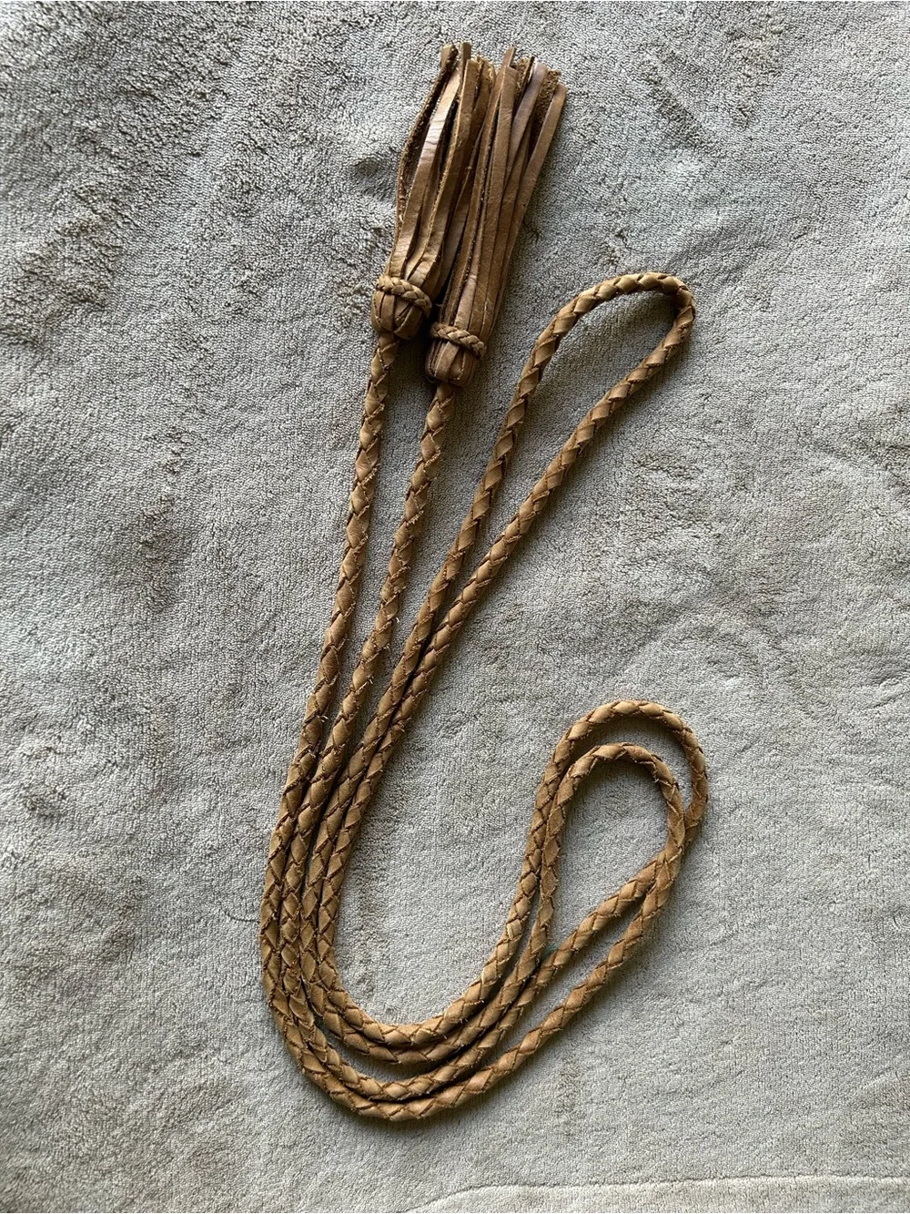 Leather Braided Tassel Wrap Belt in Camel Brown. One Size